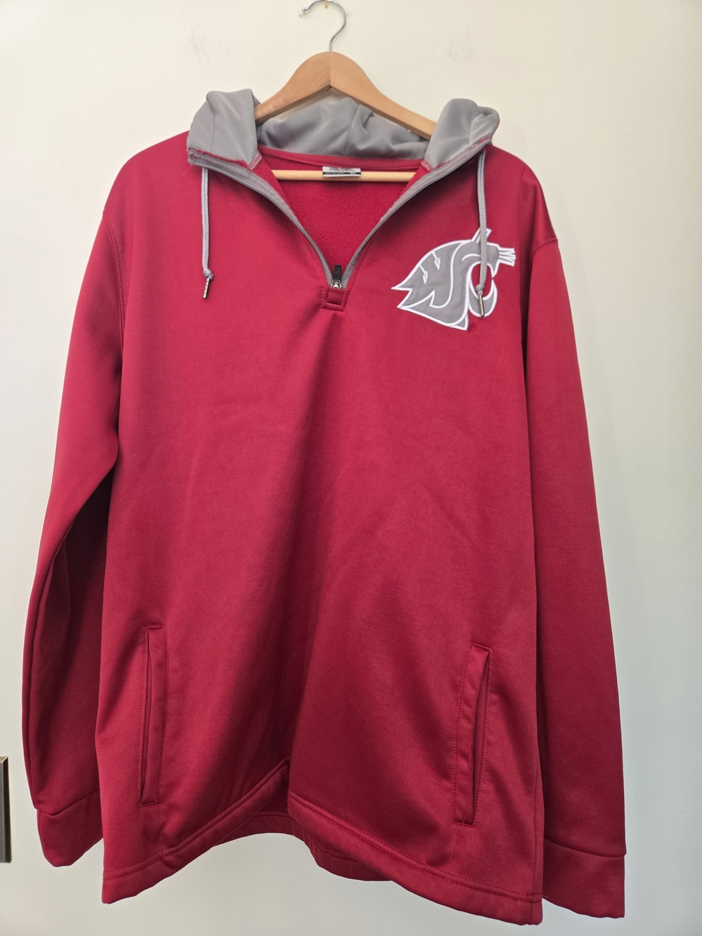 WSU Men's Red Hooded Pullover Sweatshirt with Grey Trim